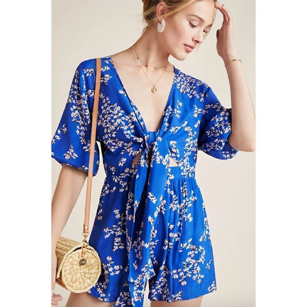 Faithfull The Brand Anthropologie blue floral tie front Sophie romper playsuit